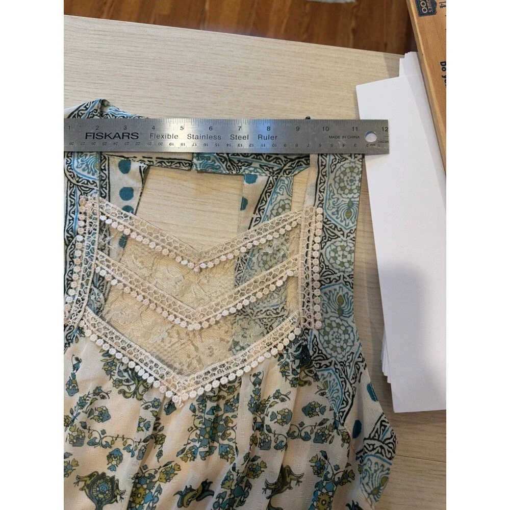 Free People  Green Teal Ivory Moroccan Printed Maxi Dress  Size 4 Cottage Core